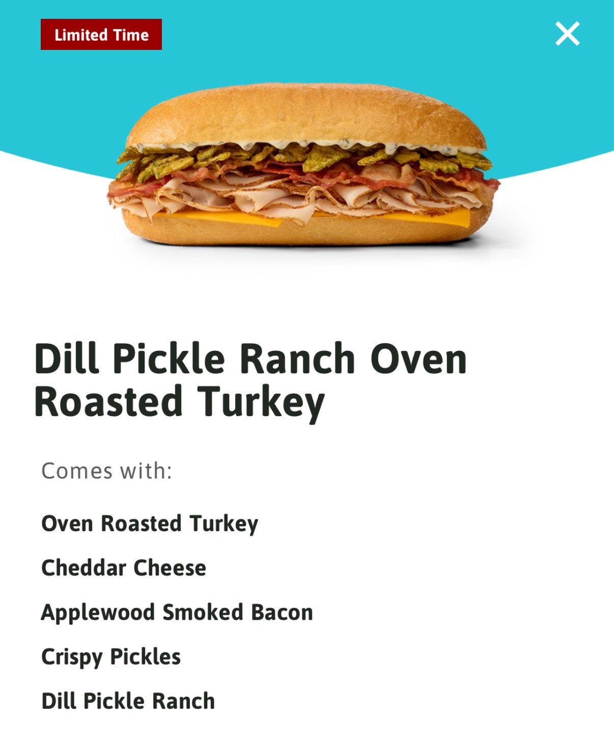 The Wawa app's limited-time Dill Pickle Ranch Oven Roasted Turkey, with crispy pickles and Dill Pickle Ranch